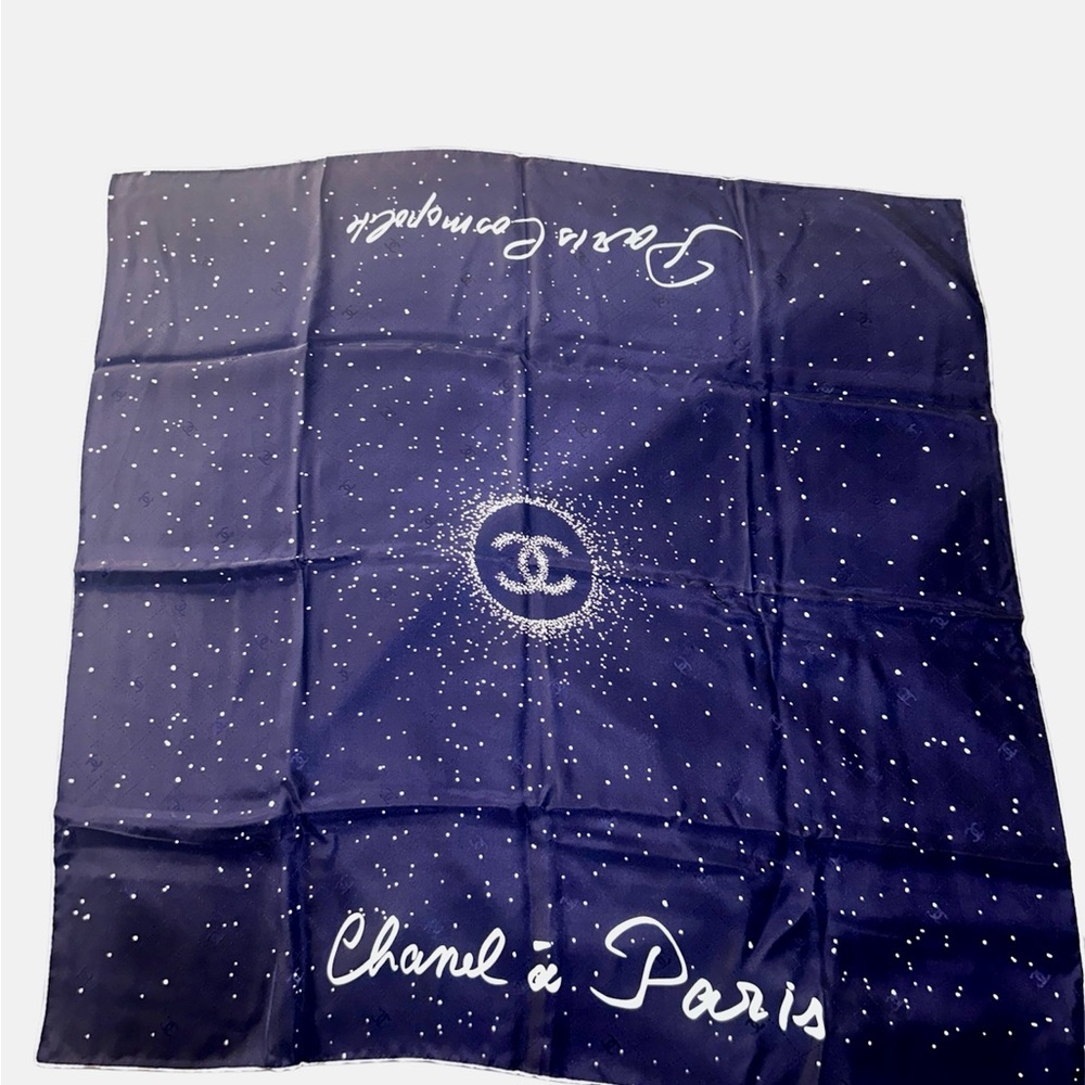 Authentic Chanel Navy Blue Silk Scarf with Star Pattern